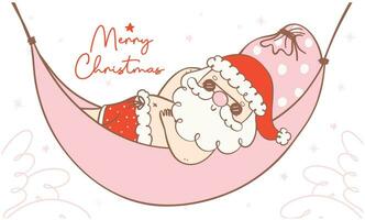 Cute happy summer christmas santa claus sunbathing in hammock. Kawaii Summer Christmas Holiday Cartoon doodle. Merry Christmas banner vector