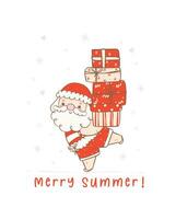 Cute summer christmas santa claus with gifts. Kawaii Summer Christmas Holiday Cartoon doodle. vector