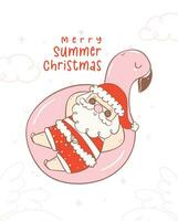 Cute summer christmas santa claus sunbathing on flamingo swim ring, Kawaii Summer Christmas Holiday Cartoon doodl. season of giving vector
