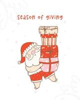 Cute summer christmas santa claus holding gifts wit heart warming smile. Kawaii Summer Christmas Holiday Cartoon doodl. season of giving vector