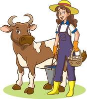 vector illustration of happy farmer family and farm animals