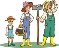 vector illustration of happy farmer family and farm animals