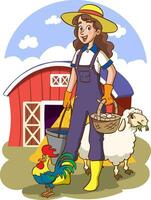 vector illustration of happy farmer family and farm animals