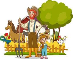 vector illustration of happy farmer family and farm animals