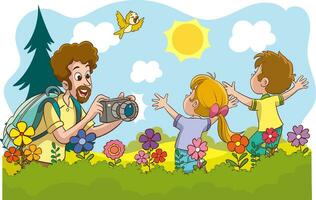 vector illustration of father taking photos of his children