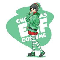 Kid girl Christmas costumes Cute Christmas elf costume. Vector illustration