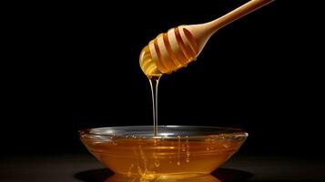 Honey dripping from a wooden honey dipper into a bowl on black background photo