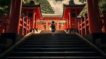 Young man walking up the stairs to the red torii gate in Kyoto, Japan photo