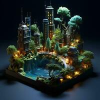 miniature city with a pond, trees and buildings photo
