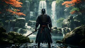 Japanese samurai with a sword in front of a waterfall in the forest photo