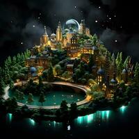 miniatura fantasía paisaje con castillo lago y Luna foto