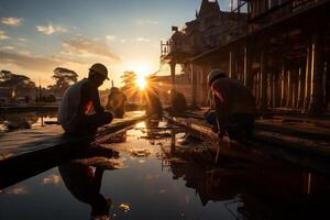 trabajadores son limpieza el charco de un petróleo tubería a puesta de sol o grupo de construcción trabajadores es sentado en el madera, generativo ai foto