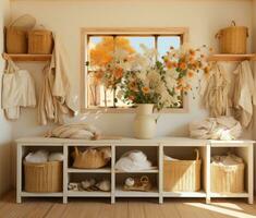 living room interior with flowers on the shelf AI Generative photo