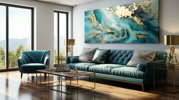 Blue sofa in white living room interior with 3d rendering AI Generative photo