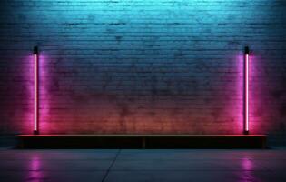 Brick wall background with neon vertical tube lights, Generative AI photo