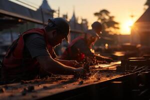 two construction workers on duty at site, photo