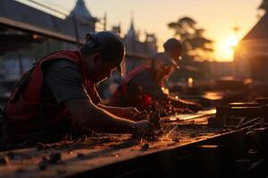 dos construcción trabajadores en deber a sitio, generativo ai foto