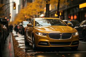 amarillo coche en el ciudad ai generativo foto