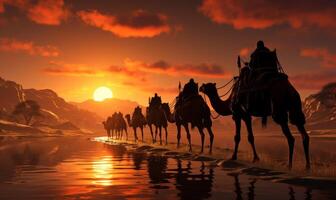 cameleers drivers on camels silhouettes in dunes of Thar desert on sunset, photo