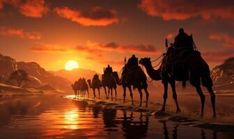 camelleros conductores en camellos siluetas en dunas de thar Desierto en atardecer, generativo ai foto