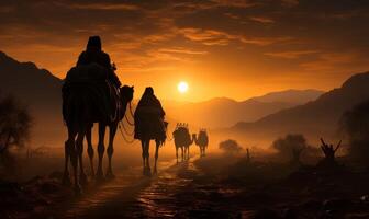 Cameleers with riding camels at sunset, photo