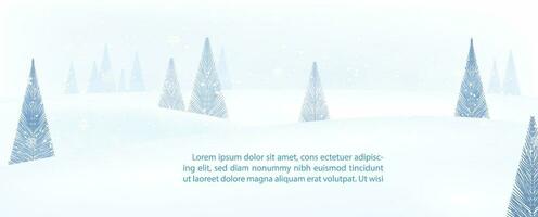 Landscape winter and snow falling with pine trees in line art style and example texts on foggy and light blue background. vector