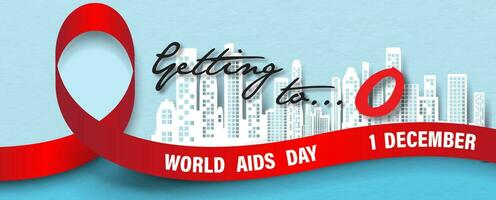 Giant red ribbon with slogan and the day, name of event on cityscape and blue background. World AIDS day poster campaign in paper cut style and banner vector design.