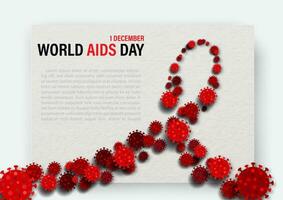 HIV virus in paper cut style and red ribbon shape with the day and name of event, example texts on white paper pattern background. World AIDS Day campaign poster in vector design.