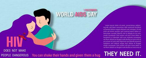 Image of lover or people in cartoon character and papercut style embracing with slogan wording of World AIDS Day, example texts on blue background. Poster campaign in banner and vector design.