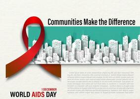 Giant red ribbon with slogan and the day, name of event on cityscape and white paper pattern background. World AIDS day poster campaign in paper cut style and vector design.