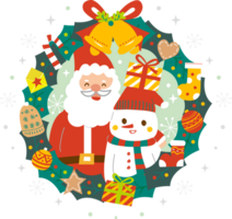 A Santa Claus and a snowman in a christmas wreath png