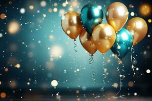 Golden and blue balloons on dark blue background. Generative AI. photo