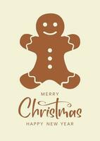 Christmas card with gingerbread man. Merry Christmas and Happy New Year lettering vector