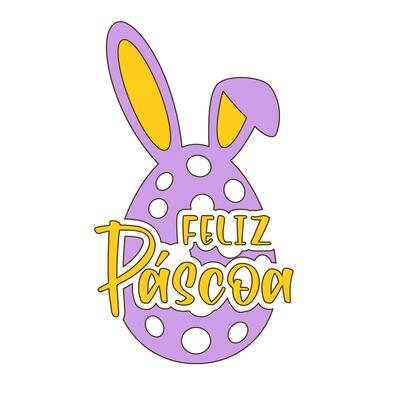 Happy Easter lettering in Portuguese and an egg with bunny ears