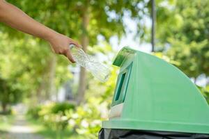 Female hands throw plastic bottles into green trash can. photo