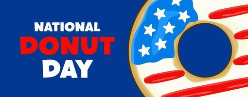 National Donut Day lettering with donut in colors of the USA flag. Banner concept vector