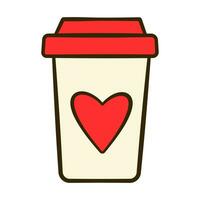 Cup with red heart on label. Valentine's Day. Flat icon vector