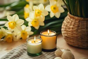 candles with daffodils in a home interior, AI Generative photo