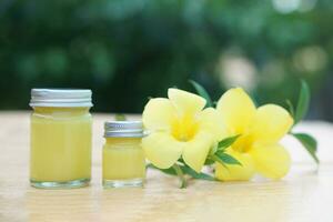 Bottles of homemade Thai herbal ointment. Concept, Thai local wisdom to use  fragrant medicinal herbs to make inhaler and massage balm. photo