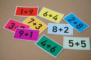 Cards for math subject, numbers plus , addition on colorful cards. Concept, teaching aid, materials for Math subject. Education. Calculation lesson. Cards for game or practice in teaching procedure. photo