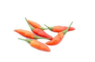 Organic red chillies isolated on white background. Concept, food ingredient for seasoning with hot and spicy taste of food. Medicinal property. Medicine from nature vegetables. Thai hot chillies. photo