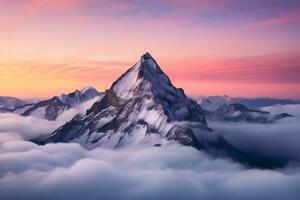 hermosa aéreo Disparo de montañas debajo el hermosa rosado y azul cielo, ai generativo foto