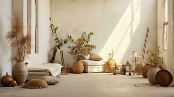 Modern wood and concrete room interior with empty mock up place on wall AI Generative photo