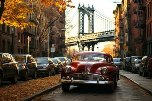 selective focus shot of a red car parked near buildings in London AI Generative photo