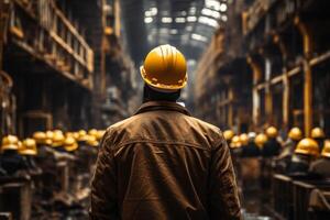 A worker wearing a yellow hard hat and looking into the factory, photo
