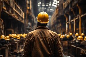 A worker wearing a yellow hard hat and looking into the factory, Generative AI photo