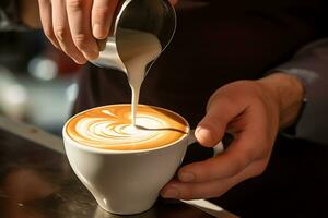 close up shoot barista making a latte art, AI Generative photo