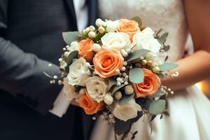Closeup shot of a wedding couple holding a flower bouquet, AI Generative photo