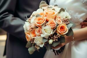 Closeup shot of a wedding couple holding a flower bouquet, AI Generative photo