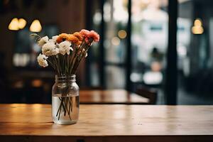 de cerca Disparo de un café de madera mesa con un tarro de decorativo flores, ai generativo foto